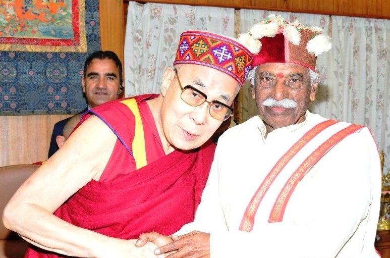  Buddhist spiritual leader the Dalai Lama meets Himachal Pradesh Governor Bandaru Dattatreya at Raj Bhavan in Shimla on July 6, 2020. Revered globally as a ‘living god’, the Dalai Lama, who transcends all barriers of religion, language and even distances, turned 85 on Monday and his followers began the global virtual celebrations to dedicate him the ‘Year of Gratitude’. (Photo: IANS)
